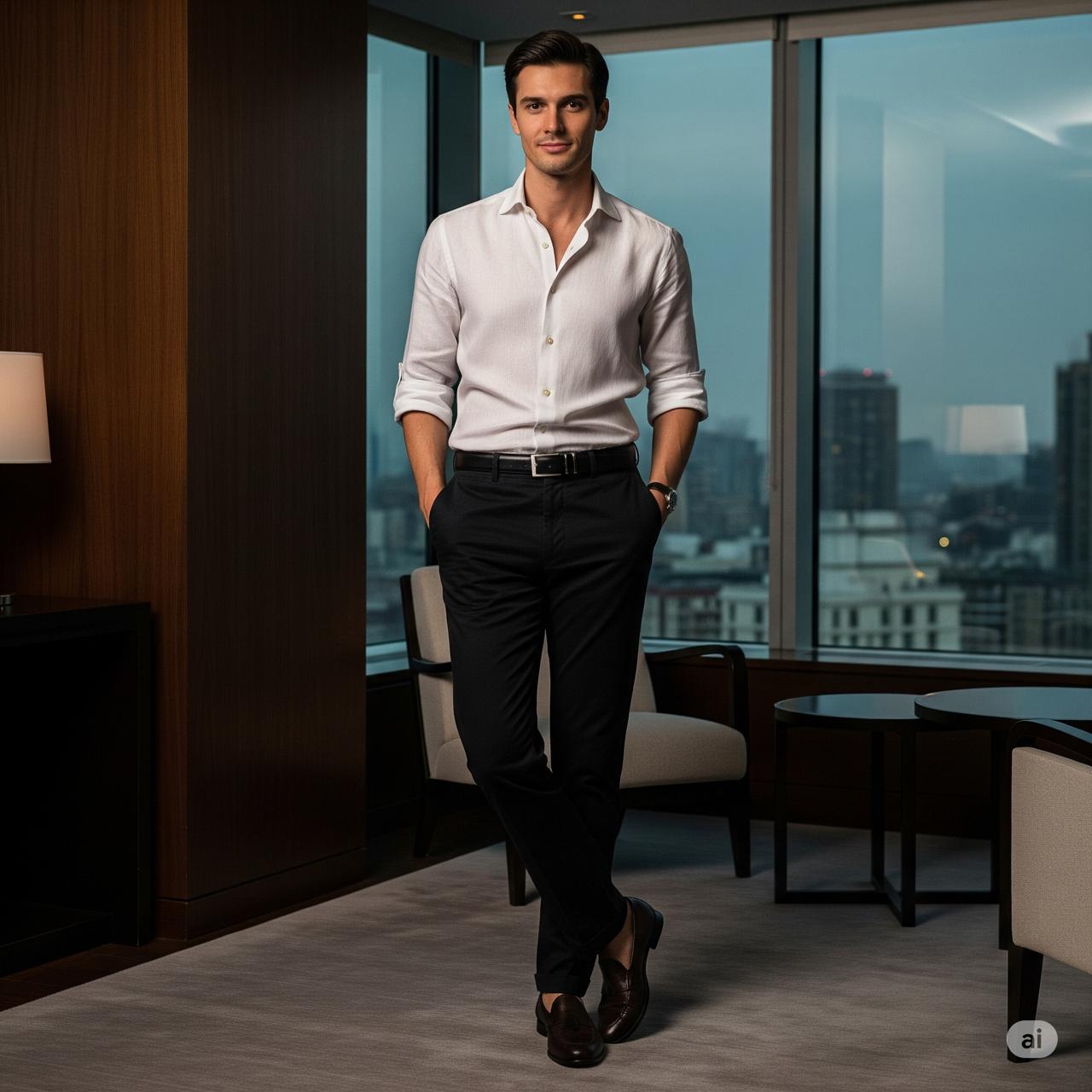 The Ultimate Smart-Casual Look for Modern Men: Mastering the White Linen Shirt with Black Chinos and Loafers